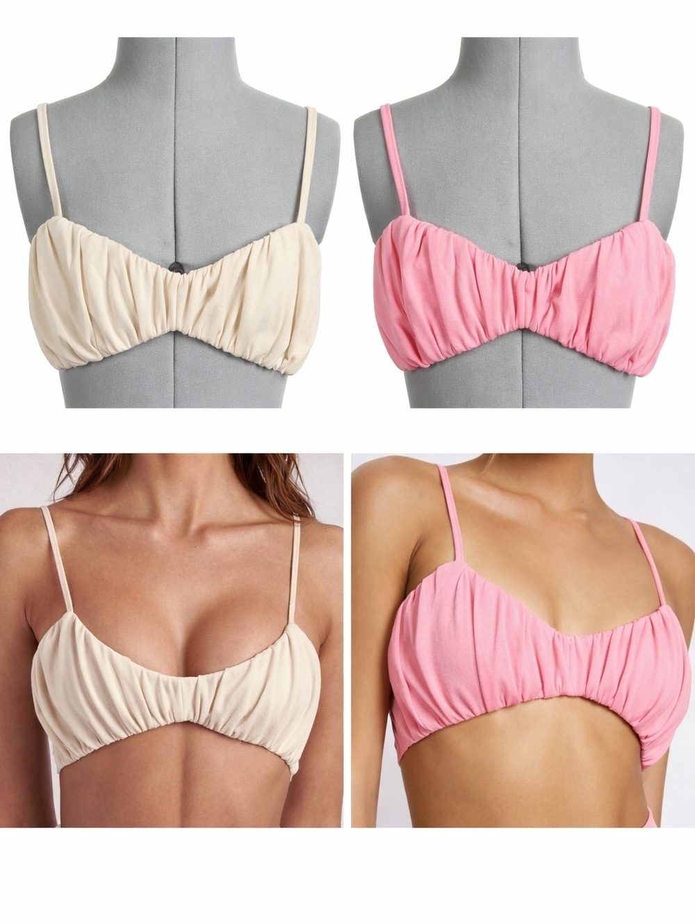 Meshki Jordan Ruched Front V Neck Bralette Crop Top 2 Bundle Set Pink & Stone XS